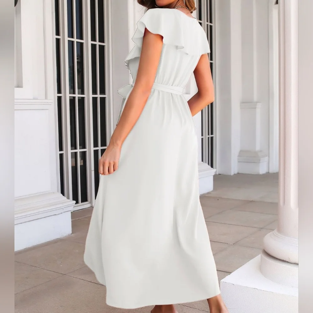 Romantic Ivory Ruffled Midi Dress with Wrap Silhouette and Slit